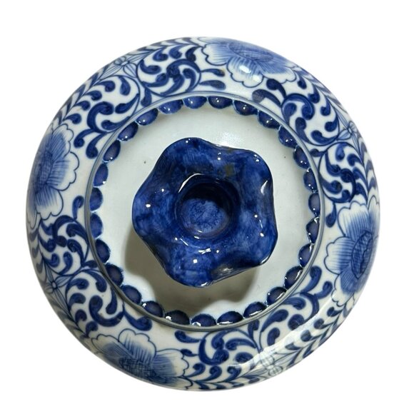 Blue & White Porcelain Lidded Ginger Jar Tea Caddy Floral Vine Design Decorative - Picture 3 of 5